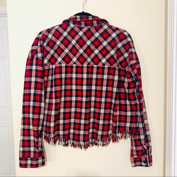 FOREVER 21 fringe flannel red plaid shirt women's size L - Picture 7 of 10